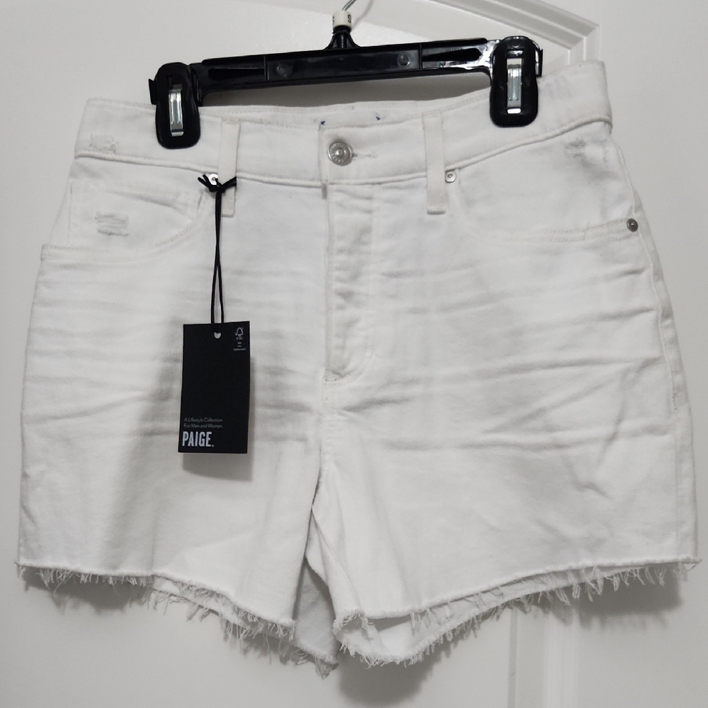 PAIGE White Jean Shorts with Frayed Hem